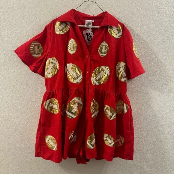 Red & Gold Football Romper by Queen of Sparkles. - Picture 4 of 10
